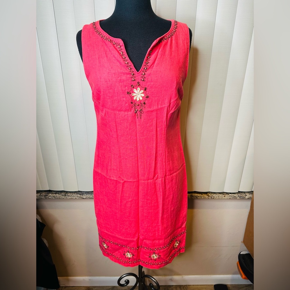 Sag Harbor Coral Sleeveless Embellished Linen Chic Blend Midi Dress size 8